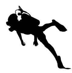 Scuba diving silhouette vector illustration isolated on white background.. Sport underwater, water sea, glove and flashlight, mask and snorkel. Diving school, Scuba school. Beach fun, fishing,swimming