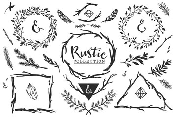 Rustic decorative elements with lettering. Hand drawn vintage vector design set.