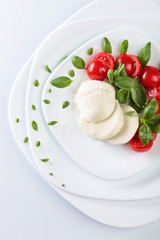 Mozzarella with tomato and green basil.