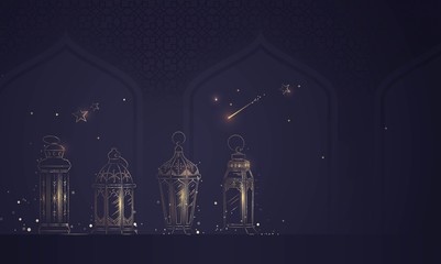 Hand Drawn Illusration of Ramadan Lanterns with Golden Lights on Dark Blue Background. Vector Illustration - obrazy, fototapety, plakaty