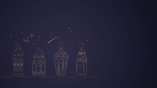 Hand Drawn Illusration of Golden Ramadan Lanterns on Dark Blue Background. Vector Illustration