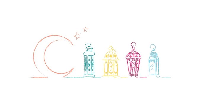 Ramadan kareem greeting card. Collection of colorful lanterns on white background. Vector illustration