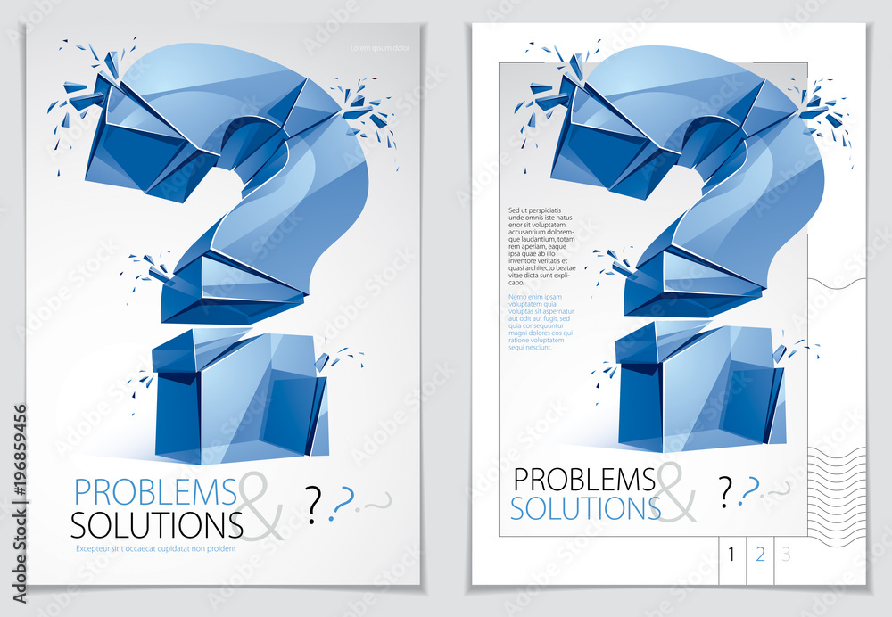 Poster broken question mark exploding brochure or flyer design, query breaking to pieces, vector 3d realist