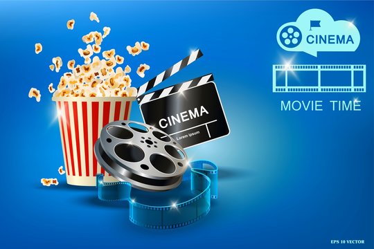 Cinematograph, popcorn for movie theater and online cinema, reel with film, online cinema, cinema concept banner, strip cinematography