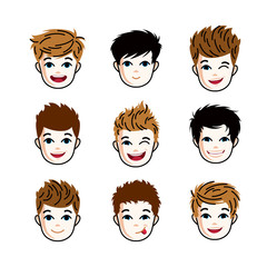 Collection of boys faces expressing different emotions like happiness and making some grimaces, vector human head illustrations. Set of red-haired and brunet teenagers.