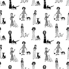 Seamless background of the witches with their cats