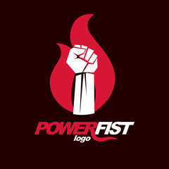 Vector illustration of clenched fist in the burning fire. Revolution idea symbol can be used as tattoo.