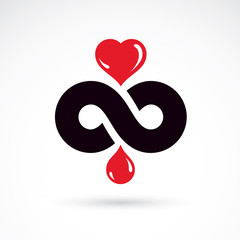 Vector illustration of heart shape, drops of blood and symbol of limitless. Healthcare and medical treatment conceptual logo for use in medical care advertisement.