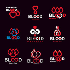 Set of vector symbols created on blood donation theme, blood transfusion and circulation metaphor. Medical care idea logotypes for use in medical care advertisement.