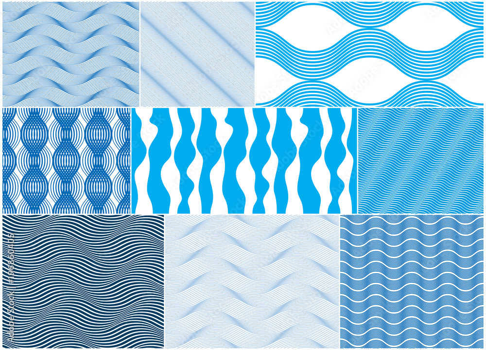 Poster chaotic waves seamless pattern, vector curve lines abstract repeat tiling background, blue color rhy
