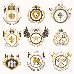 Set of vector vintage emblems created with decorative elements like crowns, stars, bird wings, armory and animals.  Collection of heraldic coat of arms.