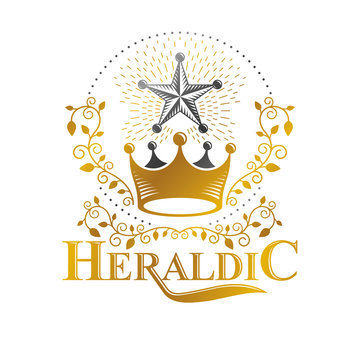 Royal Crown, Pentagonal Star emblem. Heraldic vector design element. Retro style label, heraldry logo. Ancient logotype isolated on white background.