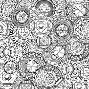 Ethnic mandalas, doodle background circles. Black and white pattern for coloring book for adults and kids