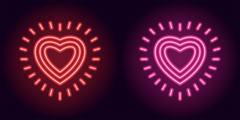 Red and pink neon heart with rays