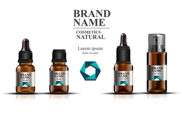 Collection of brown glass bottles with pipettes, bottles with oil for face. Cosmetic template, realistic cosmetic bottle, spray in a realistic glass bottle