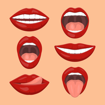 Woman emotions, girl mouth with red lips icon set. Flat vector style