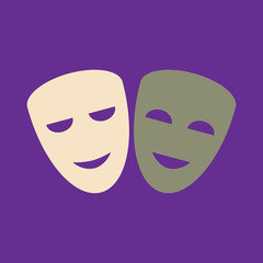 Two traditional theatrical masks on a violet background. Vector flat design.