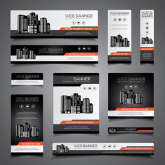 Web banner, header or print ready flyer and card template set in different sizes, black and orange vector design - obrazy, fototapety, plakaty