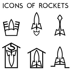 Icons of rockets. The image of a space rocket at launch, in flight, in hyper space, in captivity, in a dock, on the finish podium.