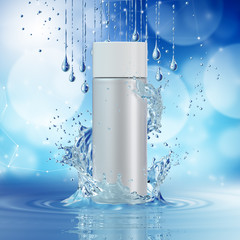 Obraz na płótnie Canvas Cream bottle mock up in water splash on blue bokeh background.