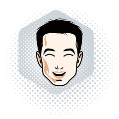 Vector illustration of handsome brunet male face, positive face features, clipart.