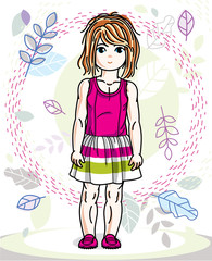 Cute little redhead girl in fashionable casual clothes standing on natural spring backdrop with tree leaves. Vector human illustration.