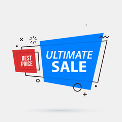 Ultimate sale banner template in memphis geometric style on white background