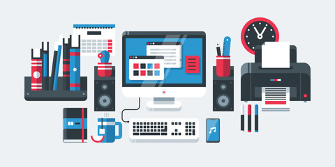 Modern office tools in flat design style on gray background. Desktop computer, bookshelve, calendar, printer, clock, etc.