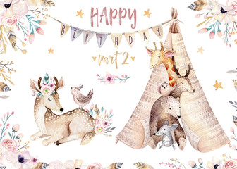 Cute baby giraffe, deer animal nursery mouse and bear isolated illustration for children....