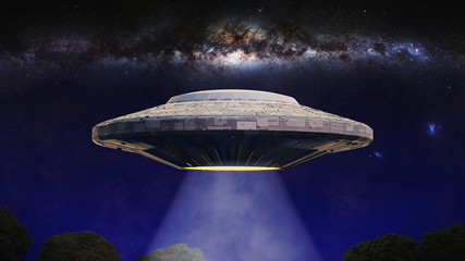 UFO, alien spaceship with light beam hovering in night sky, extraterrestrial visitors with flying saucer (3d rendering) © dottedyeti