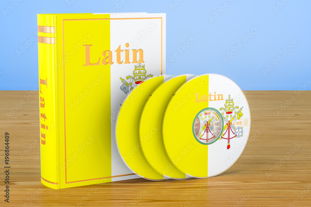 Poster latin language textbook with cd discs on the wooden table. 3d rendering