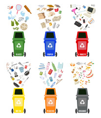 Set of colorful garbage cans with sorted garbage on white background.