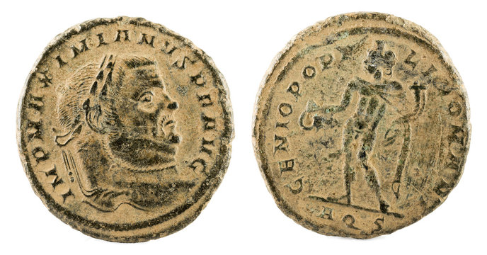Ancient Roman copper coin of Emperor Maximianus Herculeus. Follis.
