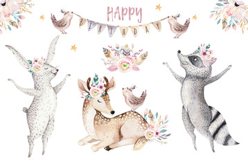 Cute baby giraffe, deer animal nursery mouse and bear isolated illustration for children. Watercolor boho forest cartoon Birthday patry invitation Perfect for nursery posters, patterns