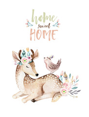 Cute baby deer animal nursery isolated illustration for children. Watercolor boho forest cartoon Birthday patry invitation Perfect for nursery posters, patterns