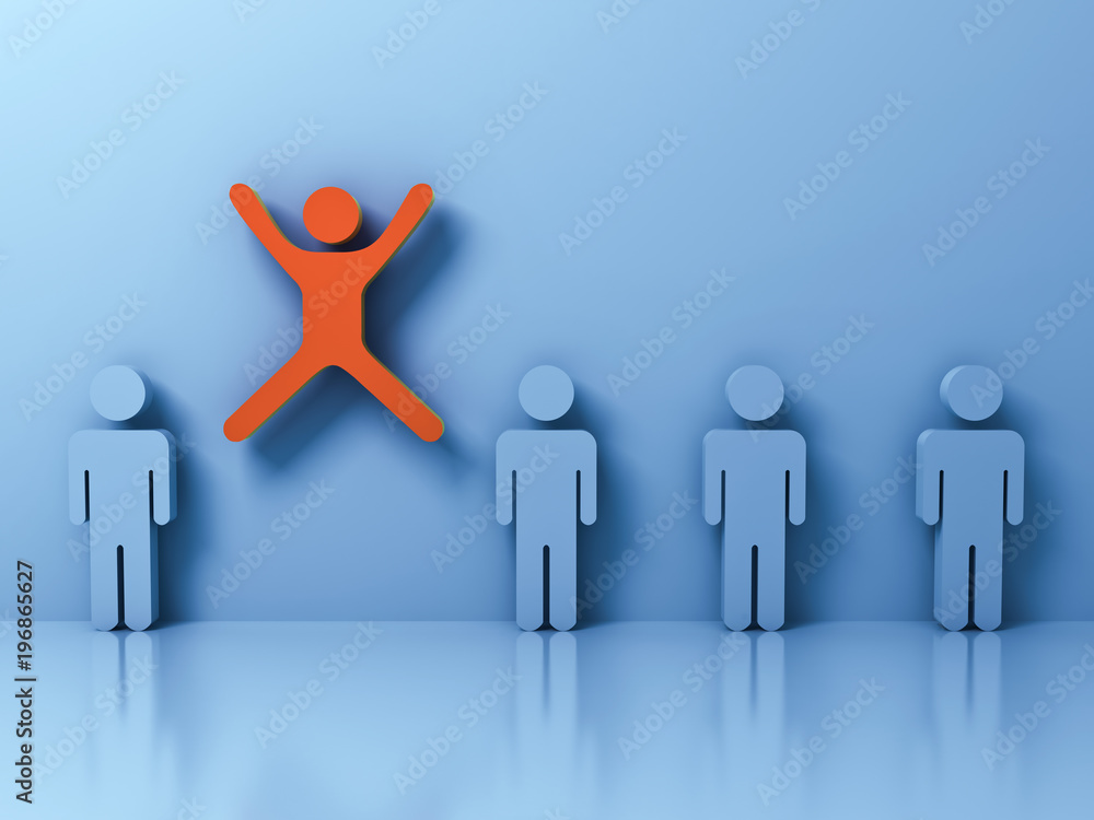 Leinwandbilder stand out from the crowd and different creative idea concept , one man jumping with arms wide open a