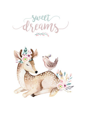 Cute baby deer animal nursery isolated illustration for children. Watercolor boho forest cartoon Birthday patry invitation Perfect for nursery posters, patterns