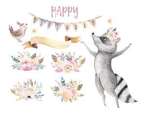 Cute jumping raccoon animal illustration for kids Watercolor boho forest cartoon Birthday patry Balloons invitation Perfect for nursery posters, patterns