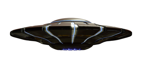 UFO, alien spaceship with extraterrestrial visitors, flying saucer from outer space (3d science fiction rendering isolated on white background) © dottedyeti