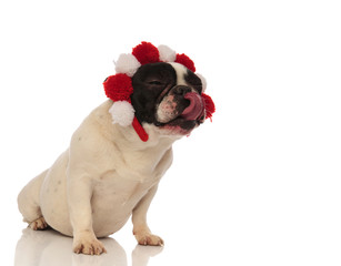 puppy wearing headband licks his nose and looks to side