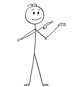 Cartoon stick man drawing conceptual illustration of businessman pointing at empty space above his space. Ready for your text, icon or graphic element.