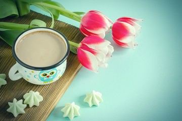 Fototapeta na wymiar Red tulip white white border on blue background cacao cup marshmallow.