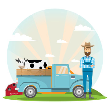 farmer cartoon character with milk cow in organic rural farm