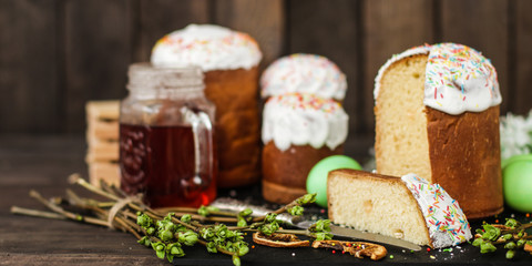 Easter cake and Easter eggs (traditional decoration and attributes). Happy easter!