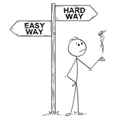 Cartoon stick man drawing conceptual illustration of businessman making decision by tossing, flipping or spinning a coin, standing on the crossroad with easy or hard way arrow sign. Business concept