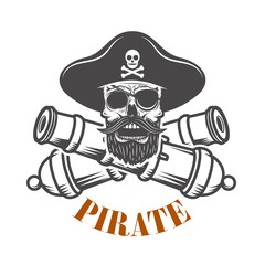 pirates. Emblem template with cannons and pirate skull. Design element for logo, label, emblem, sign.
