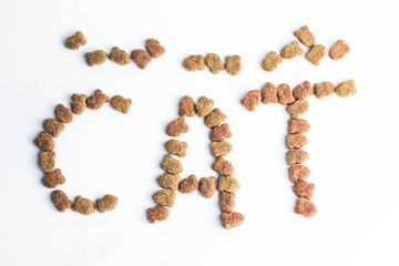 dry cat food in granules on a white background