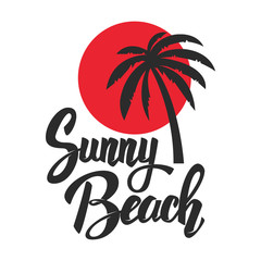 Fototapeta na wymiar Sunny beach. Lettering phrase with palm icon. Design element for poster, emblem, t shirt.