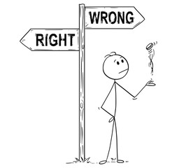 Cartoon stick man drawing conceptual illustration of businessman making decision by tossing, flipping or spinning a coin, standing on the crossroad with right or wrong arrow sign. Business concept of