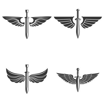 Set of emblems with medieval sword and wings. Design element for logo, label, emblem, sign.